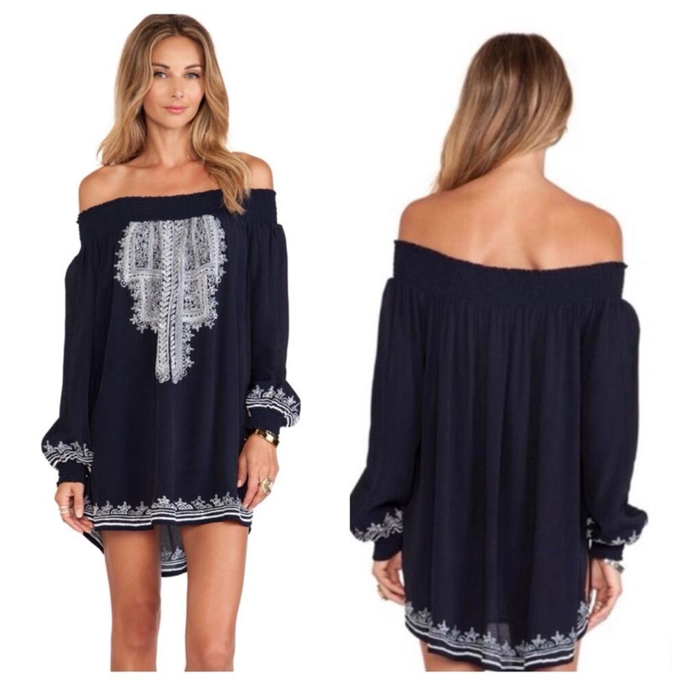 Tularosa Revolve Jacqueline Navy Embroidered Off Shoulder Tunic Mini Dress XS